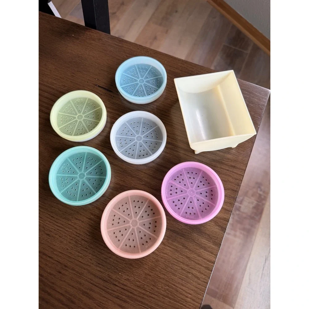 Vintage Tupperware Wagon Wheel Coaster Set Pastel Rainbow 6 Coasters with Caddy